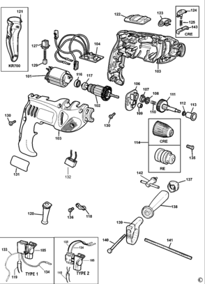 Default Diagram and Parts List for KR700CREAR Type 1 Black and Decker Boring Machine